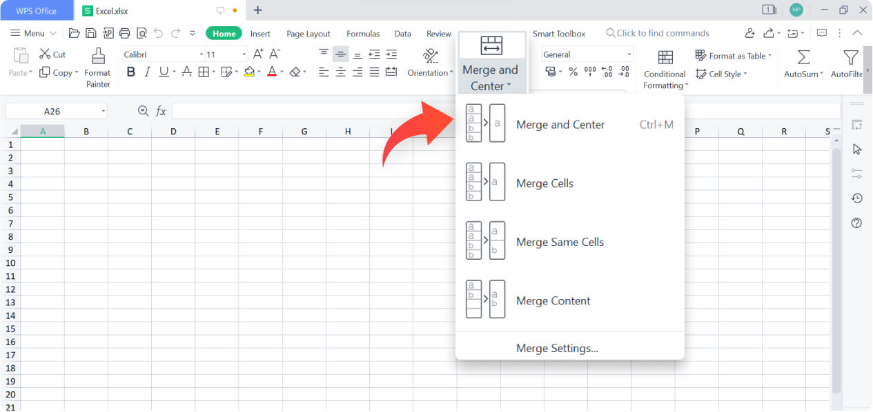 Scal i wyśrodkuj komórki pliku Excel w arkuszu kalkulacyjnym WPS Spreadsheet