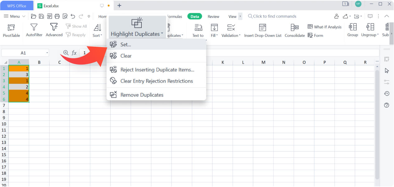 Serlahkan Duplikasi dalam Excel menggunakan WPS Spreadsheet