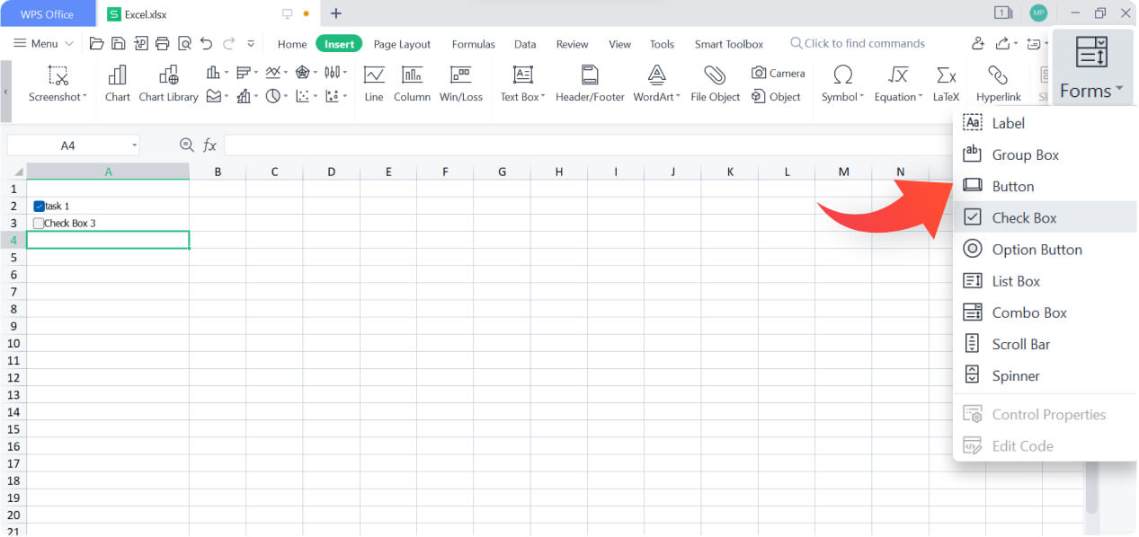 แทรกช่องทำเครื่องหมายใน Excel โดยใช้ WPS Spreadsheet