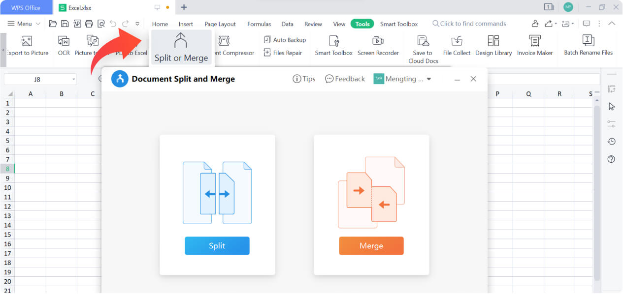 Divisione e unione di file Excel con WPS Spreadsheet