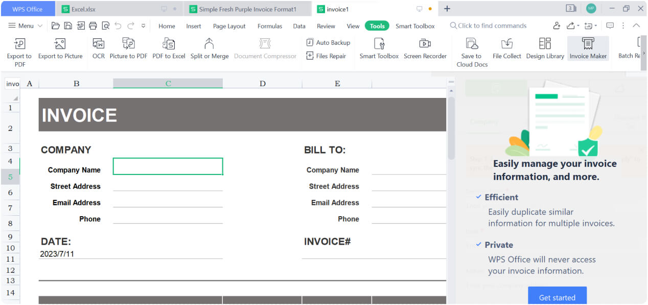 WPS Spreadsheet には請求書作成ツールが付属