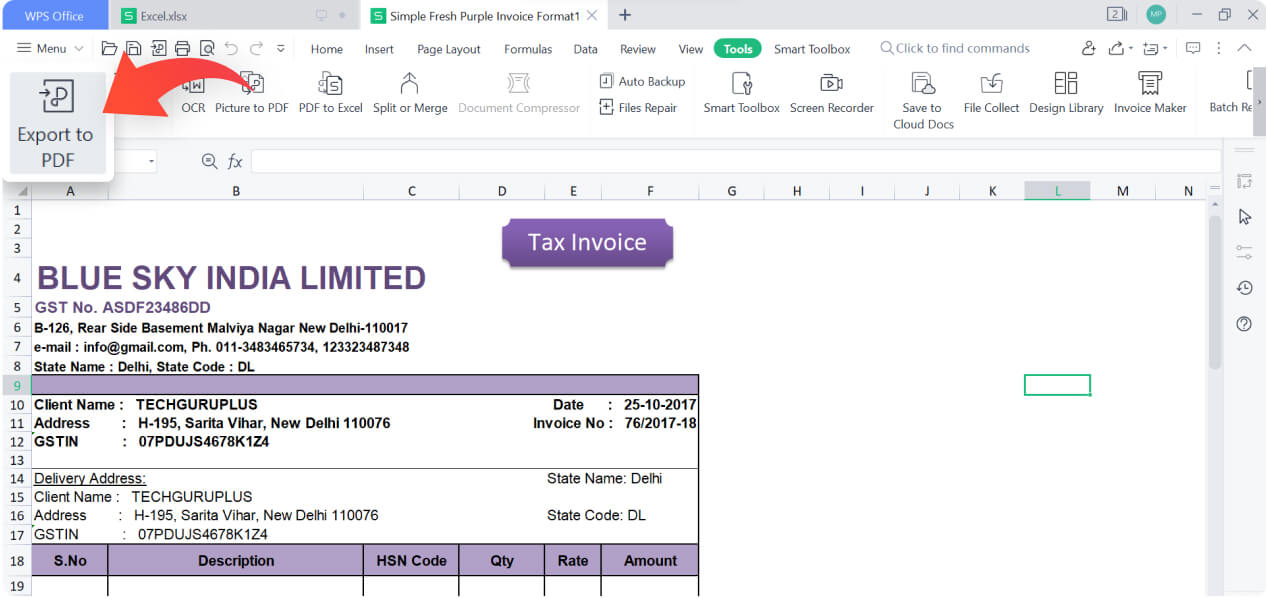 Mengonversi Excel ke PDF menggunakan WPS Spreadsheet