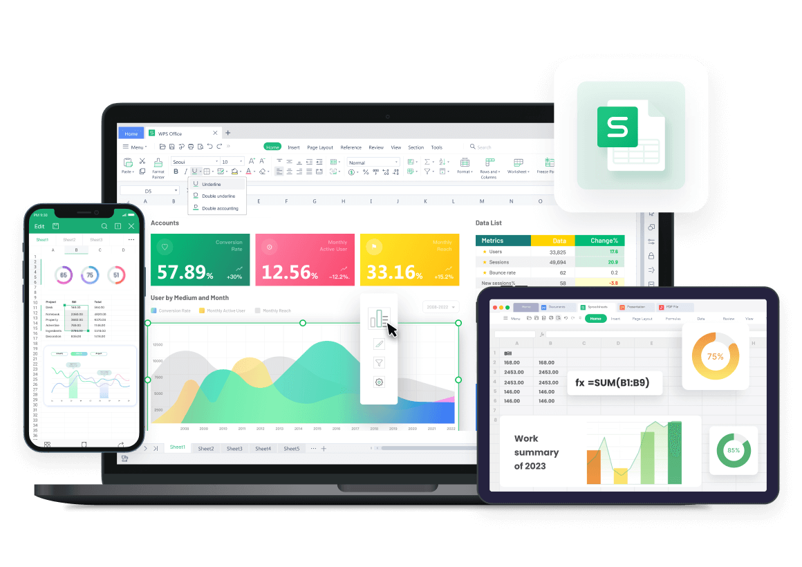 WPS Spreadsheet pour PC Windows, Mac, Linux, Android, iOS